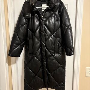 Abercrombie & Fitch Black Quilted Faux Leather Long Puffer Coat